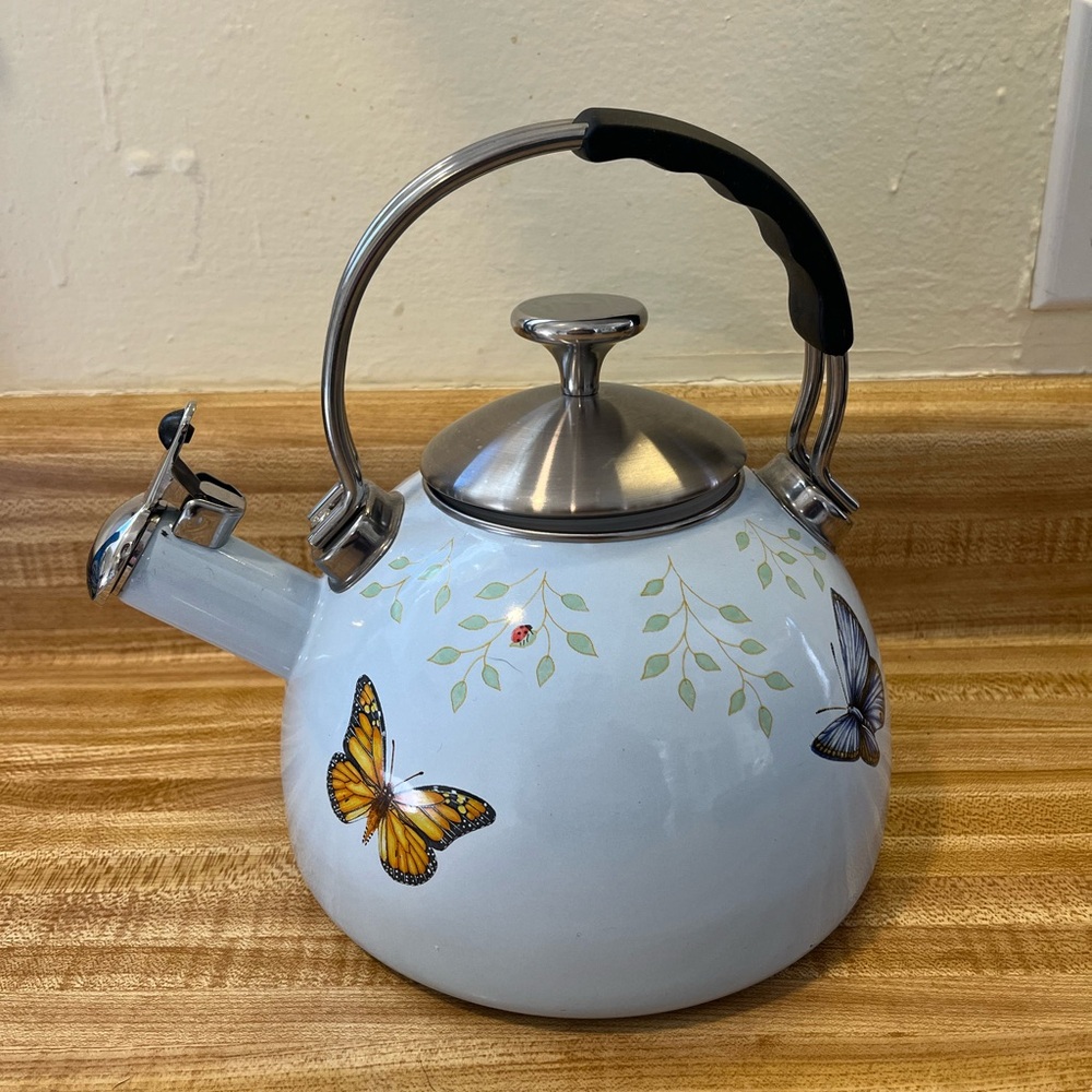 Lenox White Tea Kettle with Butterfly and Leaf Design - Picture 2 of 6